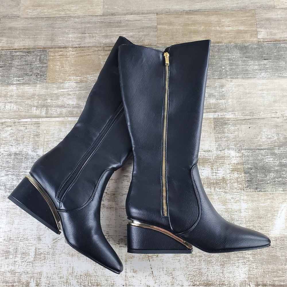 Ninety Union Morgan Metal-Trim Wedge Tall Boots Womens Sz 8 Black Square Toe